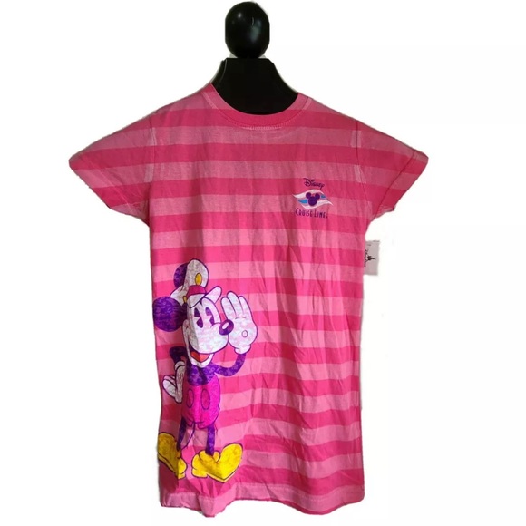 NWT Disney Cruise Line Juniors Pink Stripped Tshirt Size Small - Picture 1 of 4